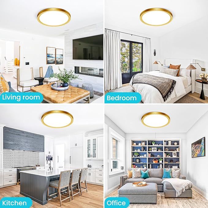 libtit 16Inch Flush Mount LED Ceiling Light Fixture, 3000K 4000K 6500K Adjustable, 36W 3600lm Gold Satin Round Ceiling Lamp for Bathroom Shower Hallway Kitchen, 2 Pack