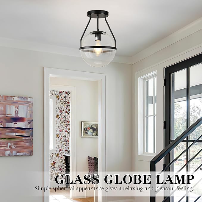 Bagood 10" Mid Century Ceiling Light Modern Black Semi Flush Mount Ceiling Light with Clear Glass Shade Globe Semi Flush Mount Ceiling Light Fixture for Bedroom Hallway Bathroom Foyer (Bulb Incl.)