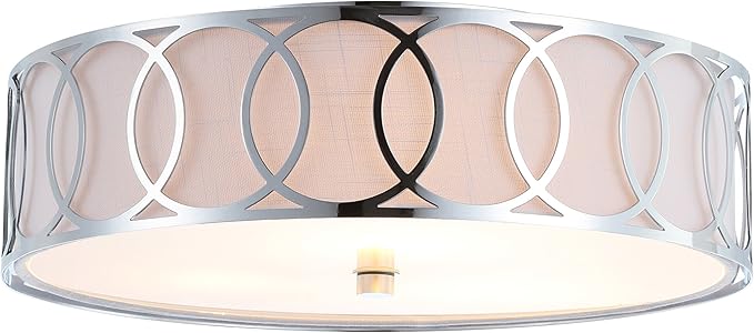 JONATHAN Y 13.25" Chrome Modern Metal LED Flush Mount Ceiling Light for Bedroom Hallway, White Linen Drum Shade with Geometric Fretwork, LED Bulbs Included (JYL3503B)