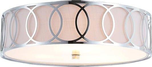 JONATHAN Y 13.25" Chrome Modern Metal LED Flush Mount Ceiling Light for Bedroom Hallway, White Linen Drum Shade with Geometric Fretwork, LED Bulbs Included (JYL3503B)