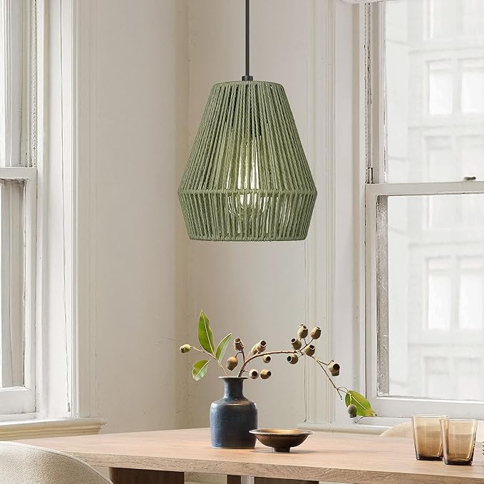 ELYONA Woven Pendant Lights, 7” Rustic Rattan Hanging Lamp Adjustable Handwoven Basket Shade, Boho Pendant Light Fixtures for Kitchen Island, Dining Room, Bedroom, Farmhouse Bar, Foyer Hallway, Green