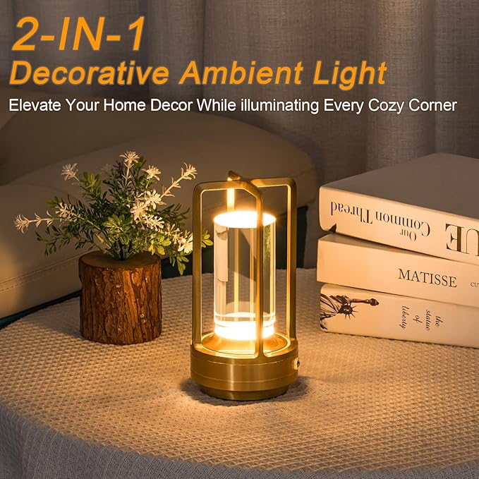 Rechargeable Table Lamp Cordless, 3 Color | Crystal | Stepless Dimming, for Bedroom, Cafe, Camping, Bar, Dining Table, Restaurant, Gold