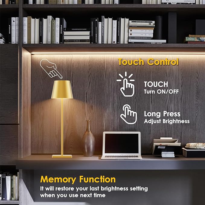 2-Pack LED Cordless Table Lamp 3W 5000mAh Rechargeable Battery Operated Stepless Dimmable Portable Lamp for Restaurant, Bedroom, Outdoor (Gold)