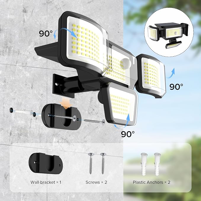 JJX Solar Outdoor Lights 3000LM 278 LED, 1 Pack 4-Head Motion Sensor Outdoor Lights, 6500K IP65 Waterproof 4 Lighting Modes Solar Security Light for Yard Garden Driveway with Remote Control