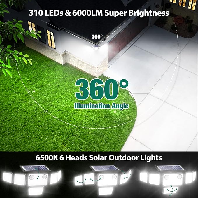 Solar Lights Outdoor, 6000LM 310 LEDs Dual Motion Sensor Solar Flood Lights 6 Heads Security Wall Lights, IP65 Waterproof, Remote Control for Garden, Outside, Backyard, 3 Pack