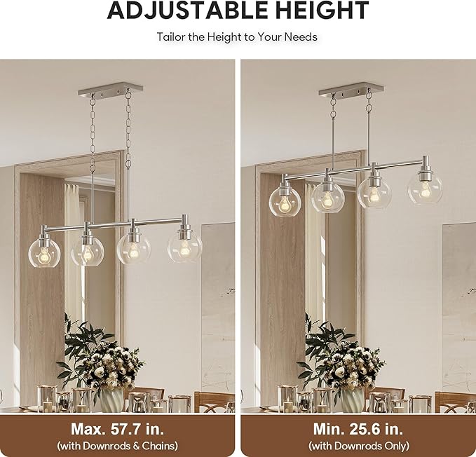 VONLUCE Dining Room Light Fixture Over Table, 4-Light Kitchen Island Lighting with Round Glass Shades & Adjustable Hanging Heights, Linear Chandlier for Dining Room Kitchen, Nickel, ETL Certificated