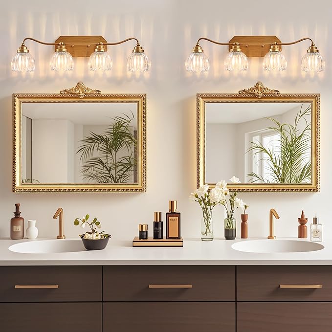 Vintage Bathroom Light Fixtures, 4 Light Gold Bathroom Vanity Light, Matte Antique Brass Finish with Crystal Glass Shade, Wall Sconces Lighting for Bedroom, Living Room, Hallway