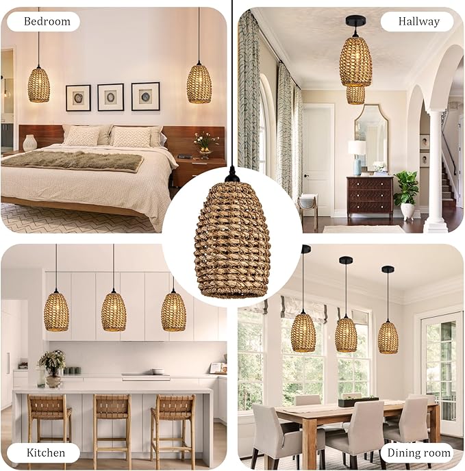 Mini Rattan Pendant Light Fixtures,7.09" Boho Pendant Light,3-Pack Hand Woven Seagrass Rattan Chandelier for Dining Living Bedroom Kitchen Farmhouse
