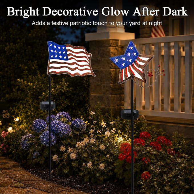 4th of July Decorations Outdoor Solar Lights, Metal American Flag Lights Patriotic Barn Stars Decorative Garden Stakes Light for Independence Day, Memorial Day Veterans Day Yard Path Lawn Decor
