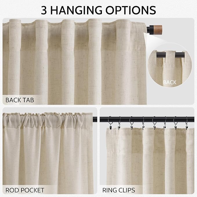 Boho Linen Curtains 80 Inch Length for Living Room Light Filtering Semi Sheer Curtain Back Tab Boho Eclectic Home Decor Elegant Luxury Farmhouse Drapes for Bedroom Dinner Room 52x80, 2 Panels
