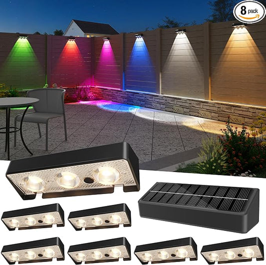 JOFIOS Solar Fence Lights Outdoor, 8 Pack, 9 Fixed Colors ＆ Color Changing Fence Lights Solar Powered Waterproof IP65 Dusk-to-Dawn LED Deck Lighting for Patio, Railing, Pool, Porch, Backyard, Wall