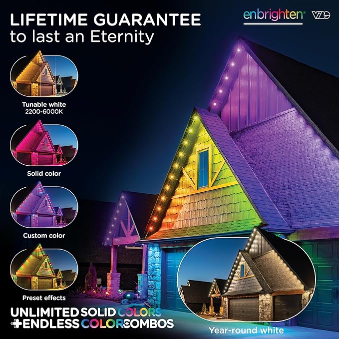 Enbrighten Eternity Permanent Outdoor Lights, 100ft with 72 RGBWIC LED Lights, App‑Controlled, Cuttable, Christmas, Accent & Year‑Round Eave Lighting, Works with Alexa & Google Home, 82730