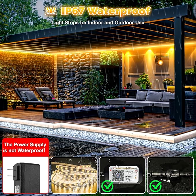 32.8FT Outdoor LED Strip Lights Waterproof IP67, Dimmable 3000K-6500K Warm White LED Rope Lights Outdoor Waterproof with Remote & APP, 24v Adhesive Exterior Lighting for Patio, Deck, Gazebo