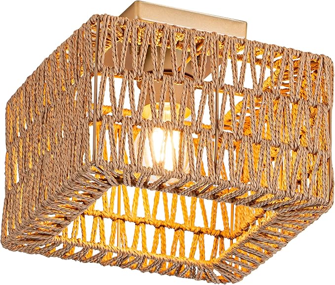 Rattan Ceiling Light, Gold Boho Light Fixture, Square Flush Mount Ceiling Light for Bedroom, Hallway, Entryway, Kitchen, Cabinet