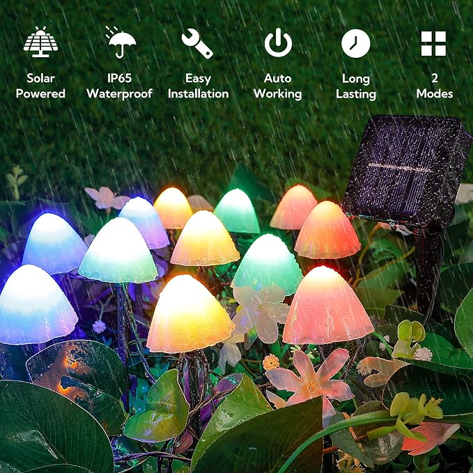 Set of 12pcs Mushroom Solar Garden Lights,2 Modes 14.5ft Solar Powered Mushroom Night String Lights Waterproof for Outdoor Pathway Garden Lawn Party Christmas Decor (Multicolor)