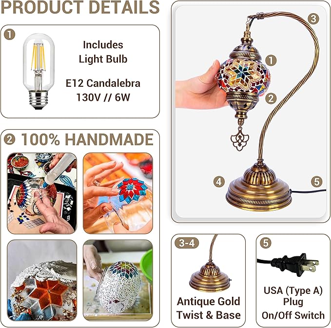 Turkish Moroccan Mosaic Table Lamp - Tiffany Handmade Colorful Mosaic Lamp, Decorative Glass Antique Bohemian Vintage Lamp Shade, Swan Neck Bedside and Table Desk Lamp,15 ½ inch