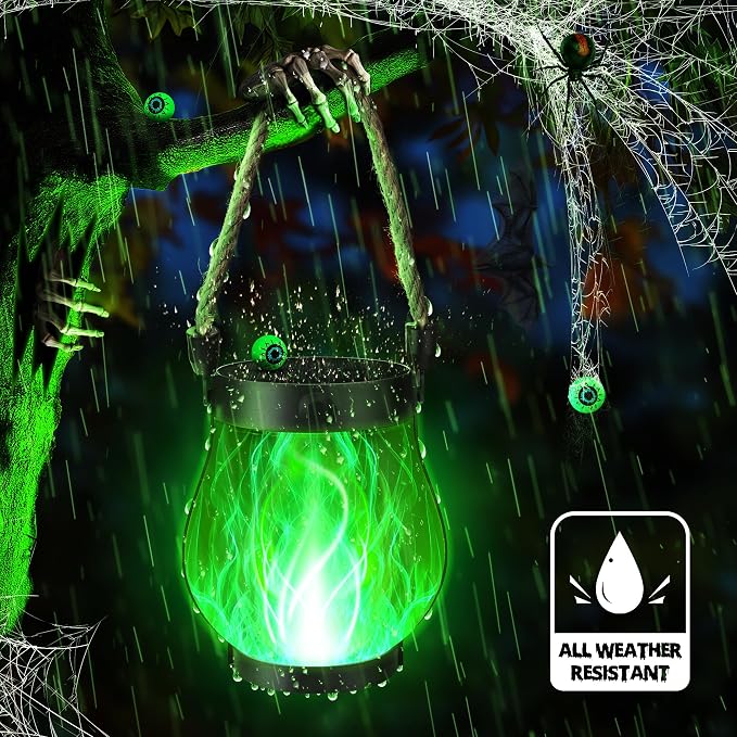 iBaycon 2 Pack Gen2 Solar Lantern Lights USB Halloween Flame Lamp, Green | Solar Garden Lights with Dual Charging USB & Solar, 2 Modes Outdoor Waterproof Hanging Lantern for Home Halloween Decor