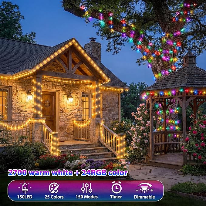 50FT 150 LED Fairy Lights Plug in, 30V 24 RGB Colors+Warm White Color Changing Twinkle Lights, 150 Lighting Modes Timer with Remote for Bedroom Trees Garden Party Wedding DIY Décor