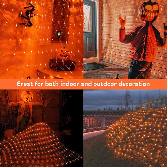woohaha Outdoor Halloween Net Lights, 9.8FTx6.6FT 192 LED Plug-in Mesh Lights with 8 Lighting Modes, Connectable Light for Bush Christmas Garden Tree Holiday Wedding Party Decor, Orange