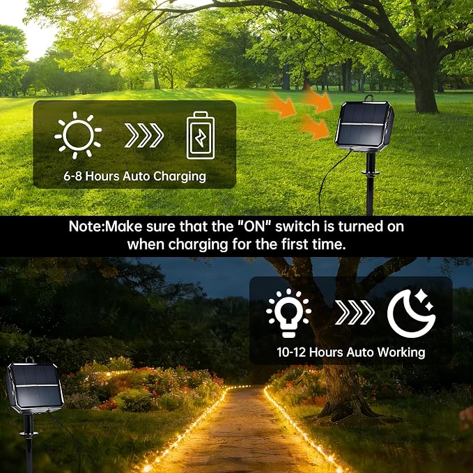 Solar Roep Lights for Outside, 2 Packs Total 66ft 200 LED Solar String Light with 8 Modes, Waterproof Solar Outdoor Light for Patio Garden Party Tree Proch Pool Holiday Xmas Decor-Warm White