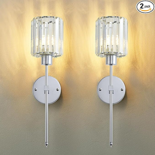 KARTOOSH Hardwired Crystal Wall Sconces Set of Two - Dimmable Wall Light Fixtures 3000K, Warm White, for Hallway, Bathroom, Living Room, Bedroom, Chrome, 20.1 Inch