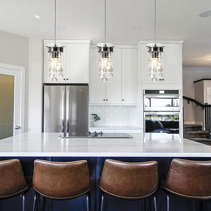 Crystal Pendant Light,Modern Kitchen Island Pendant,3 Pack Pendant Lights for Kitchen Island,Adjustable Chrome Pendant Light for Kitchen Dining Room Bedroom