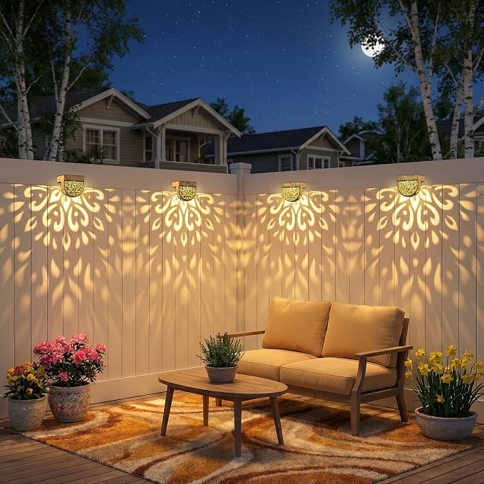 Solar Fence Lights 6 Pack Solar Step Lights Outdoor Waterproof LED Solar Powered Wall Lights Outdoor Decorations Warm Yellow Light Decorative Lighting for, Front Door, Backyard (Gold)