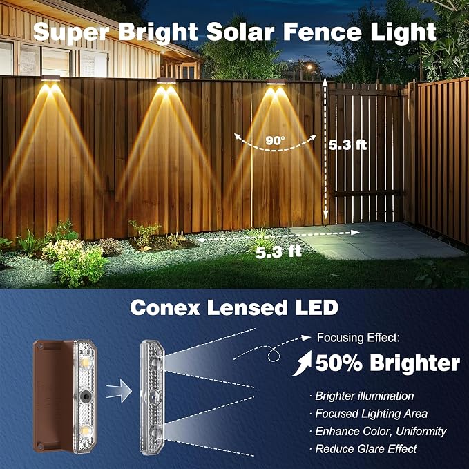 Peasur 12 Pack Solar Fence Lights Outdoor,Deck Light Solar Powered, IP65 Waterproof Led Riling Solar Lights Brown Frame for Outside Yard Step, Wram White