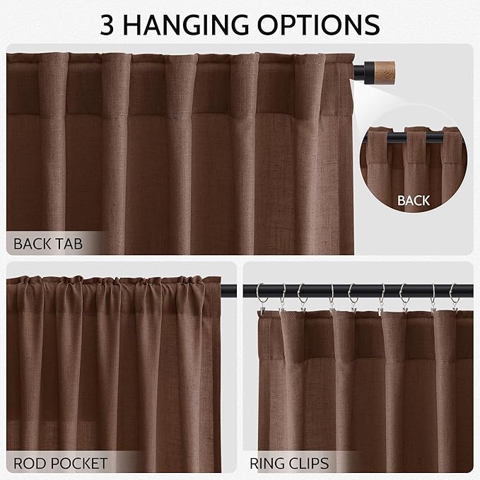 Extra Long Mocha Brown Linen Curtains 120 Inch for Living Room Rod Pocket Back Tab Light Filtering Semi Sheer Drapes Privacy High Ceiling Drapes for Vintage Rustic Farmhouse 52x120,2 Panels