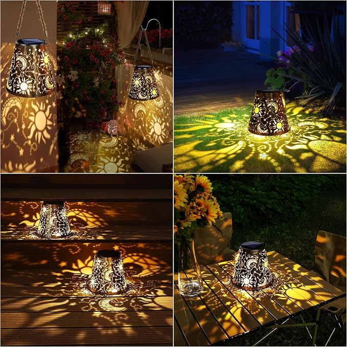Toodour Solar Lantern Outdoor, Hanging Solar Outdoor Lights Garden Decor, Waterproof Hollow Out Retro Metal Sun & Moon Decorative Lights for Patio, Balcony, Yard, Walkway, Outdoor Decor