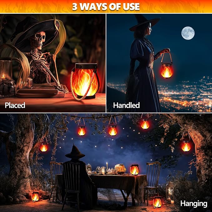 iBaycon 2 Pack Gen2 Solar Lantern Lights USB Halloween Flame Lamp, Red | Solar Garden Lights with Dual Charging USB & Solar, 2 Modes Outdoor Waterproof Hanging Lantern for Home Halloween Decor
