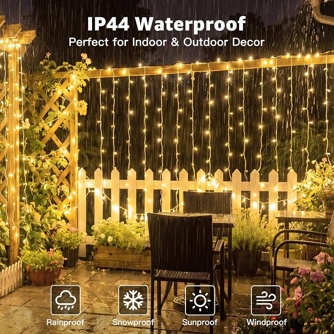 Ollny Curtain Lights 600 LED 19.7x9.8ft, Outdoor Waterproof String Lights for Backdrop, Fairy Light with Remote Timer 8 Modes, Plug in Christmas Light for Wall Wedding Patio Gazebo, Warm White