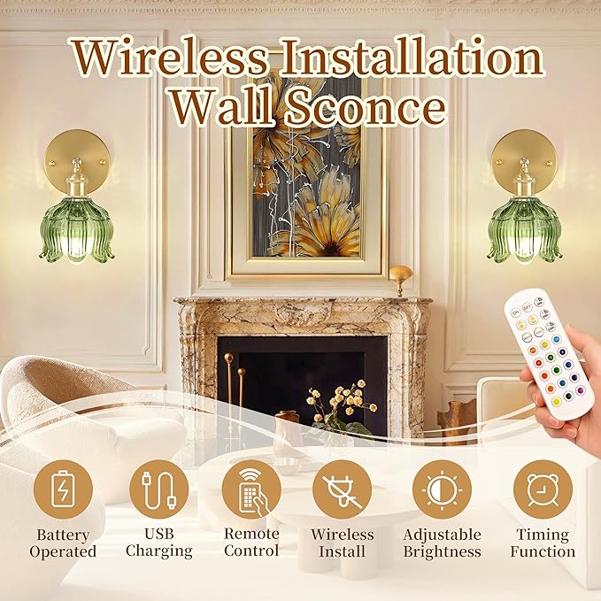 Wireless Wall Sconce with Flower lampshade, Battery Operated Wall Lights,Wall lamp with 15 Colors for Bedroom Living Room Home Decor (Green, 1 Light Battery Operated)
