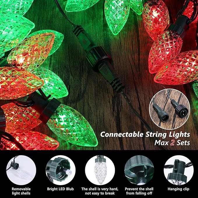 iBaycon RGB C9 Christmas Lights, 65FT Color Changing String Lights, Connectable Remote Control Waterproof Outdoor, C9 String Light for Xmas Tree House Eaves Roof Christmas Holiday Decor