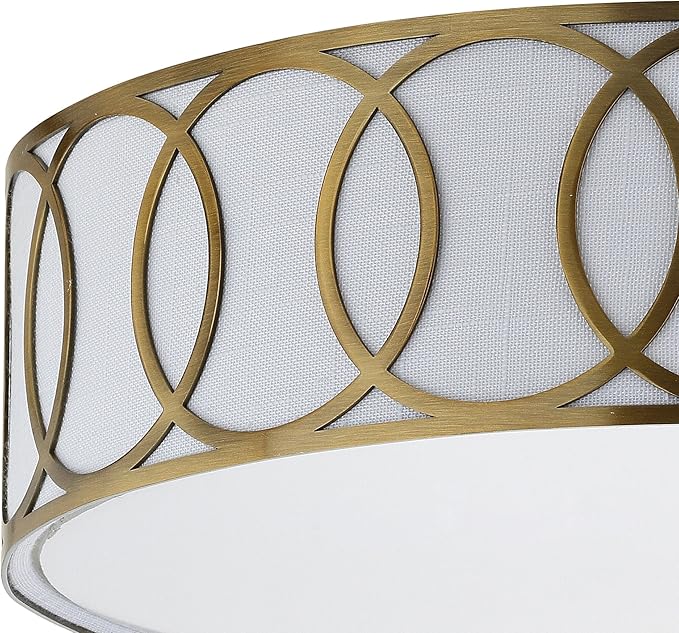 JONATHAN Y 15.5" Brass Gold Modern Metal LED Flush Mount Ceiling Light for Bedroom Hallway, White Linen Drum Shade with Geometric Fretwork, LED Bulbs Included (JYL3503A)
