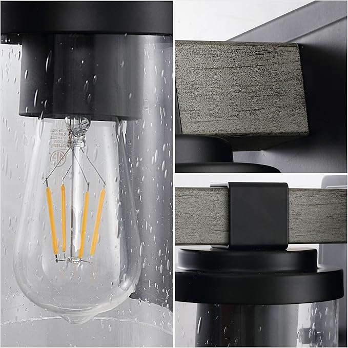 JONATHAN Y 4.5" Black/Gray Oak Wood Finish 1-Light LED Vanity Light, Rustic Farmhouse Sconce, Clear Seeded Glass Shade, Industrial Wall Lamp for Bathroom Mirror, Kitchen Sink, LED Bulb (JYL7507B)