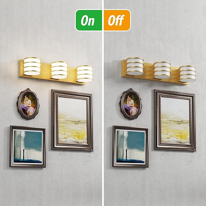 LED Bathroom Vanity Light - 20.5 Inch Gold 3-Light Fixture with White Acrylic Shades, 6000K Cool White, Mirror Lighting for Bathroom, Bedroom, Hallway, Living Room Wall Sconce