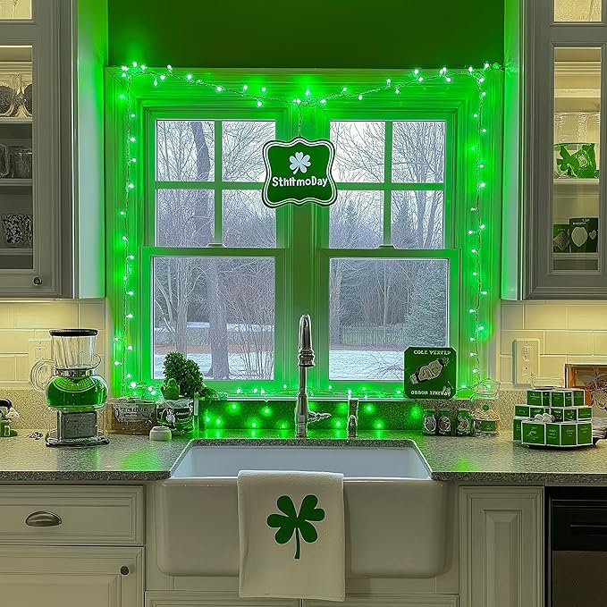 JMEXSUSS St Patricks Day Decorations, Connectable 100 LED St Patricks Day Lights, 8 Modes Plug-in Green Christmas Lights Indoor, 33ft Clear Wire Grinch Green String Light Outdoor for Grinch Tree Decor