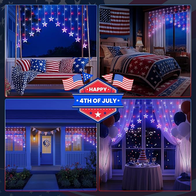 4th of July Patriotic Star Icicle Lights,red White and Blue Curtain String,11.5ft 118LED Waterproof 8 Modes with Timer Connectable Independence Day Decorations Window Lights for Outdoor Indoor
