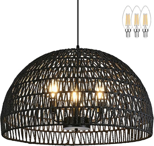 24" Black Woven Pendant Light Boho Chandelier Dome Rustic Farmhouse Chandelier Wicker Pendant Light Rattan Light Fixture for Dining Room Living Room Bedroom Kitchen Island Foyer(Bulb Incl)