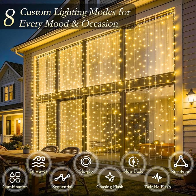 Curtain String Lights Indoor, 300LED 9.8 * 9.8FT USB Plug-in Window Curtain Lights with Timer and 8 Modes, Waterproof Warm White Curtain Fairy Lights for Bedroom Room Wedding Outdoor Decor