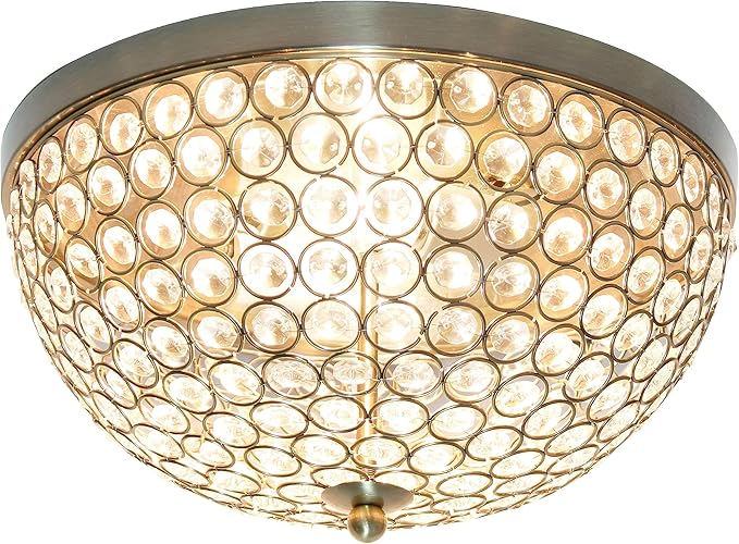 Elegant Designs FM1000-ABS Elipse Crystal 13 Inch Modern Metal 2 Light Bowl Shaped Ceiling Flush Mount Fixture, Antique Brass