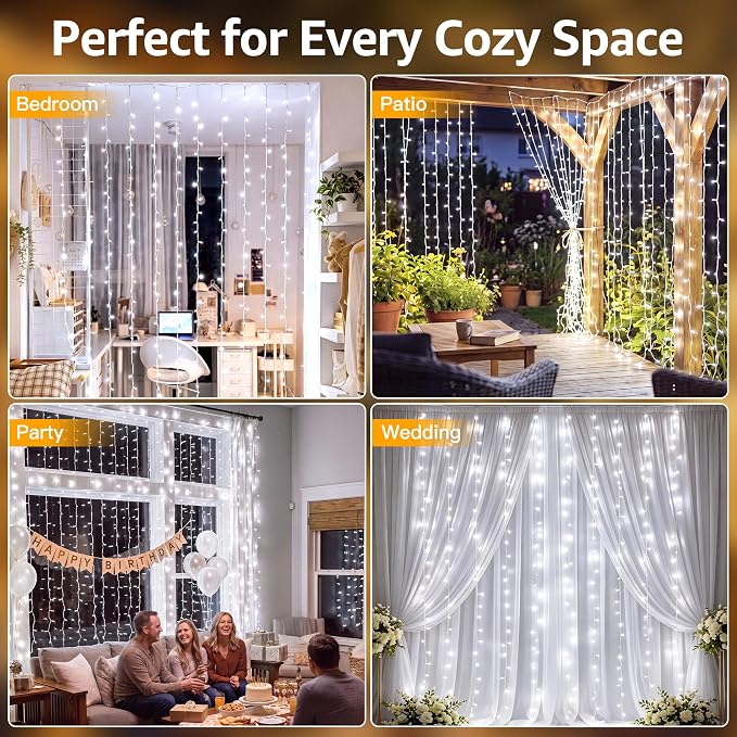 Ollny Curtain Lights 600 LED 19.7x9.8ft, Outdoor Waterproof String Lights for Backdrop, Fairy Light with Remote Timer 8 Modes, Plug in Christmas Light for Wall Wedding Patio Gazebo, Cool White
