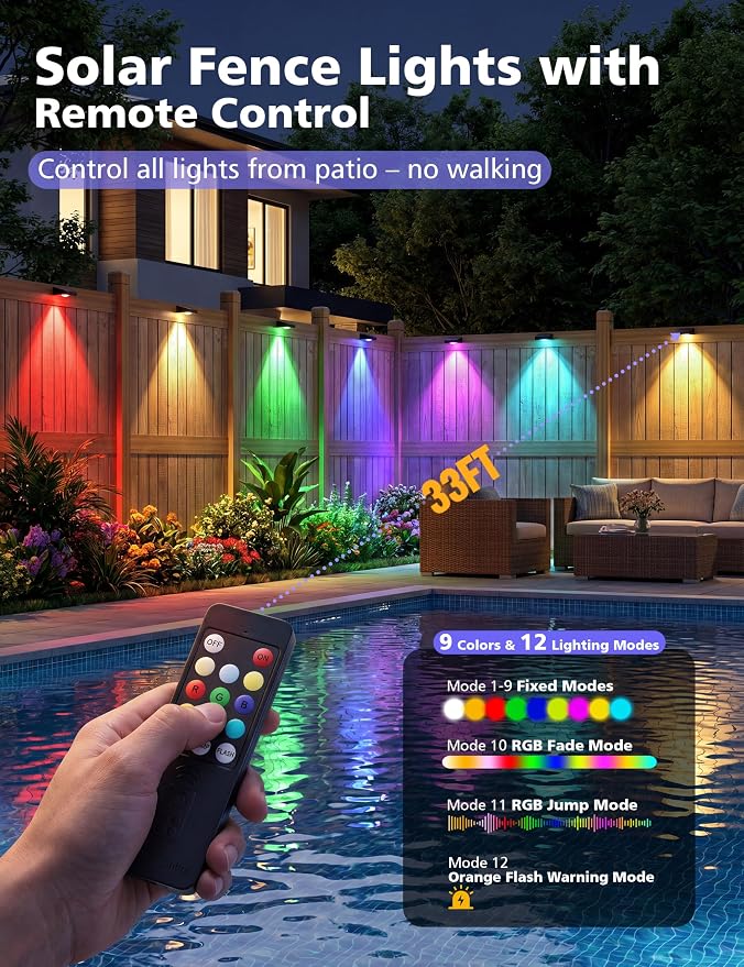 VOLISUN Solar Fence Lights with Remote Control, Fence Lights Solar Powered, IP65 Waterproof LED, RGB Color Changing Solar Light for Fence, Yard, Wall, Backyard (8 Pack,Black)