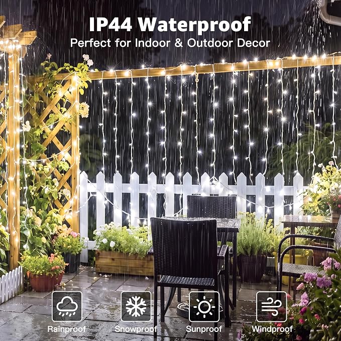 Ollny Curtain Lights 6.6x6.6ft, Plug in String Lights for Indoor Bedroom, 200 LED Connectable Fairy Light with Remote Timer 8 Modes, Waterproof Christmas Light for Outdoor Wedding, Cool White