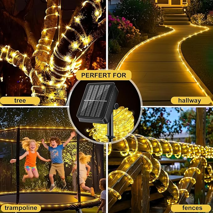 LairtPOW Solar Rope Lights with Remote for Tree Decor,72FT 200LEDs Outdoor Solar Strip Lights for Patio,IP67 Waterproof, USB Charging, Timing & 8 Modes Outdoor Fairy Light for Garden(Warm White)