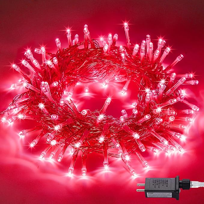 JMEXSUSS 33ft 100 LED Red Valentine Lights, Connectable 8 Modes Valentine Room Light Indoor Plug-in, Clear Wire Red Christmas String Light Outdoor Waterproof for Xmas Bedroom, Party