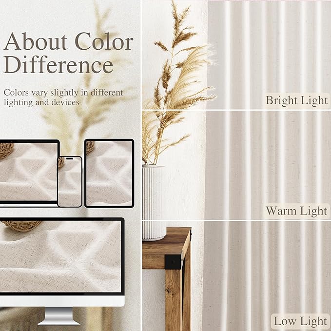 Nanspring Beige Cafe Curtains 48 Inch Length Set 2 Panel Back Tab Pocket Semi Sheer Short Linen Beige Curtain Tiers for Small Bathroom Window Basement 52x48