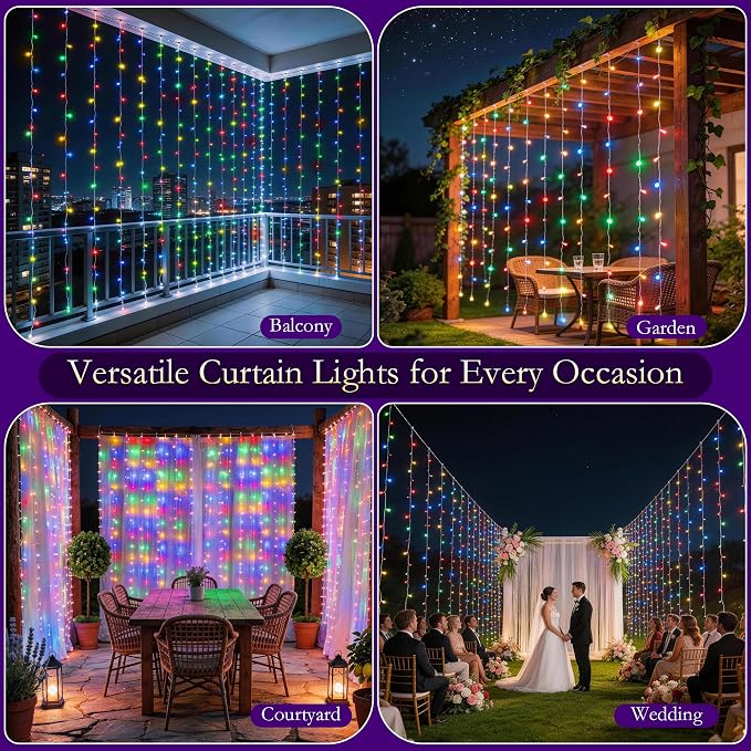 Curtain String Lights Indoor, 300LED 9.8 * 9.8FT USB Plug-in Window Curtain Lights with Timer and 8 Modes, Waterproof Multicolor Curtain Fairy Lights for Bedroom Room Wedding Outdoor Decor