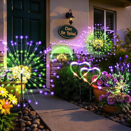 PEVOROS Garden Decor Solar Lights Outdoor,6 Pack 120LED Waterproof Colorful Solar Garden Lights Your Outdoor Decoration,Yard, Patio, Porch,Flower Pot,Pathway, for 4th of July (Purple, Green, Yellow)